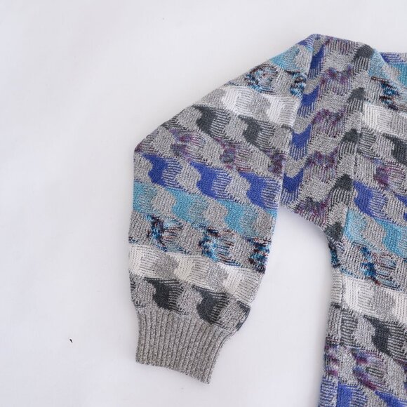 Pronto-Uomo Gray Blue Hounds Tooth Eclectic Grandpa Fine Knit Crew Neck Sweater - Picture 8 of 9